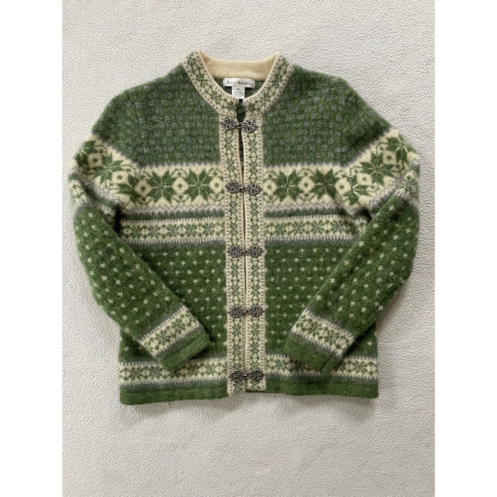 Susan Bristol Womens Medium Cardigan Green Wool Fair Isle Nordic Metal Clasps